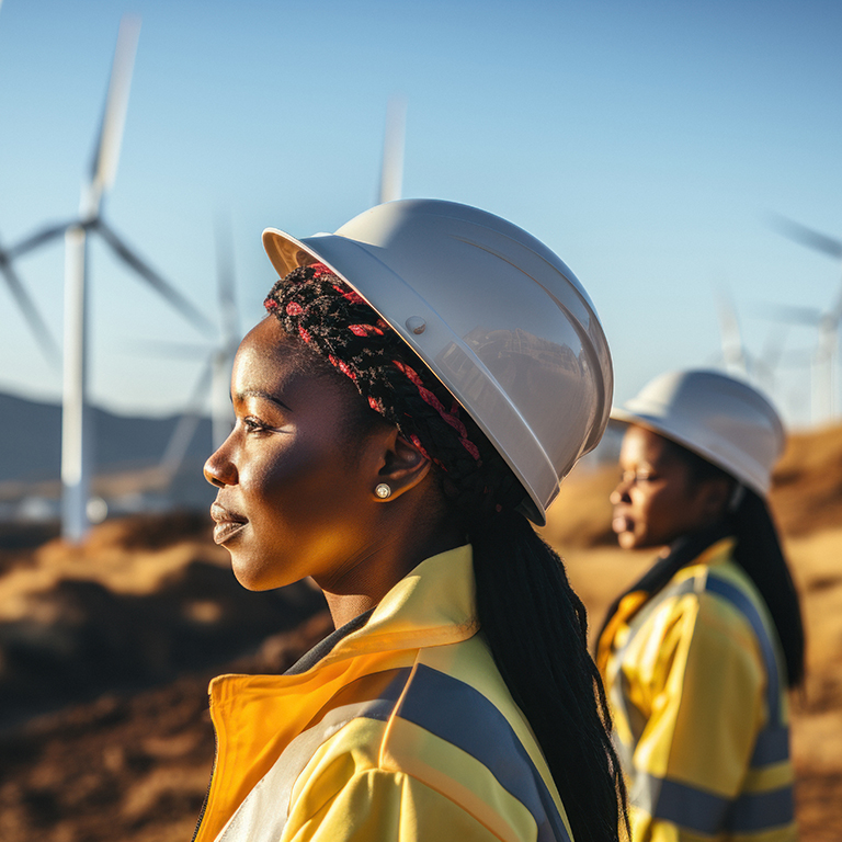 Portrait of experienced young african female engineer in white hard hat against wind farm background