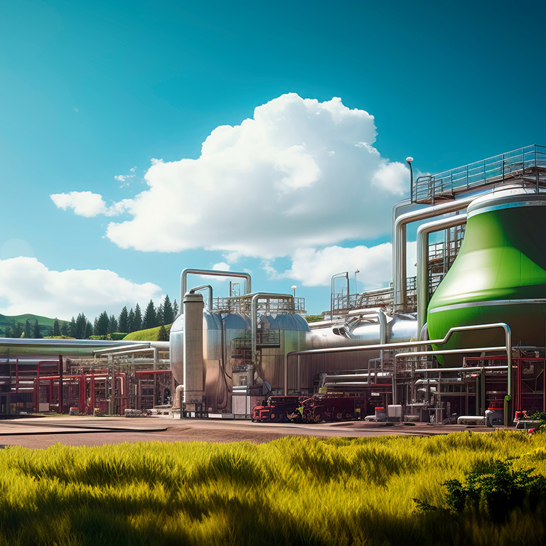 bioenergy plant utilizing organic waste to produce biogas for heating and electricity, reducing greenhouse gas emissions.