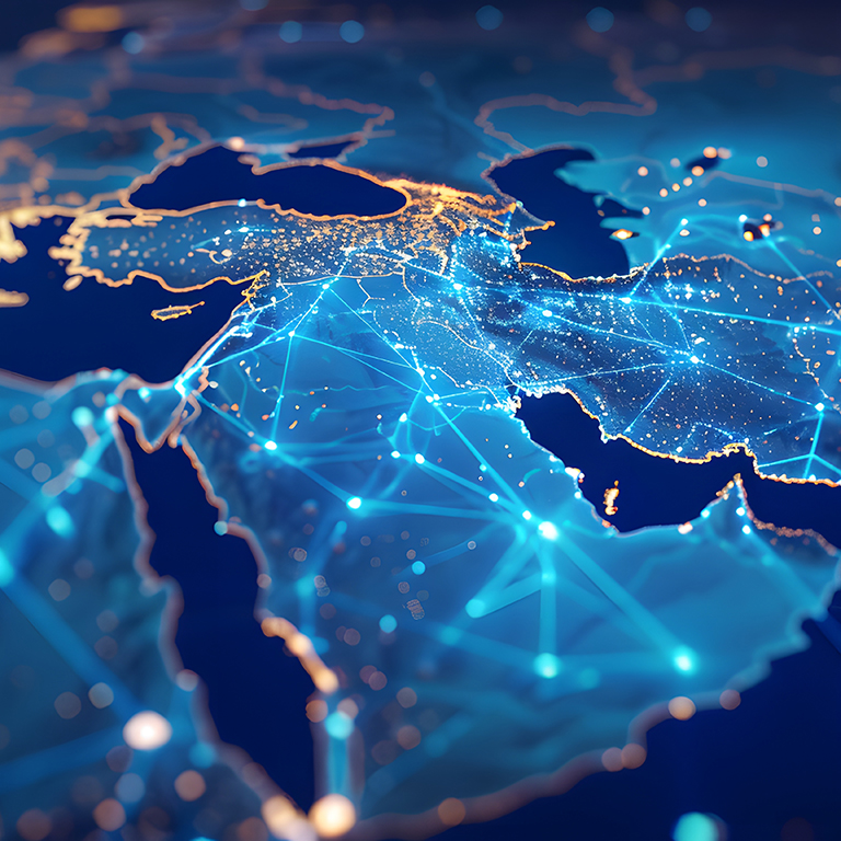 Abstract digital map of the Middle East, concept of global network and connectivity, data transfer and cyber technology, information exchange and telecommunication