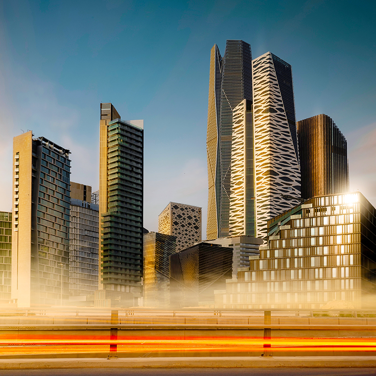 Sunset view of King Abdullah Financial District in Riyadh, Saudi Arabia