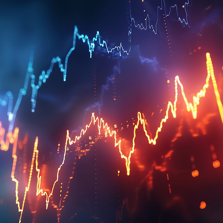 Animated market volatility graph with lightning speedlight effects on a shadowy backdrop depicting financial flux