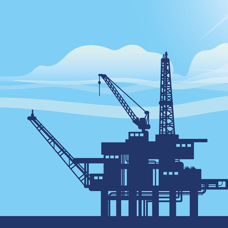 Sea oil rig. Offshore oil drilling platform in the sea over yellow sun. Crude oil extraction and refining. Vector industrial landscape.
