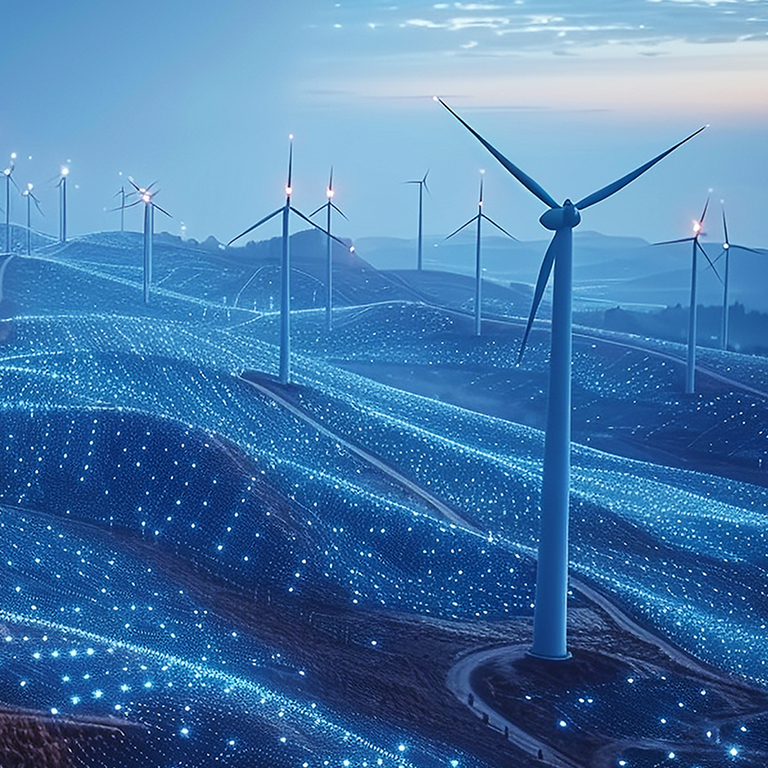 Innovative renewable energy network displayed in high-tech visualization, emphasizing sustainability and connectivity.