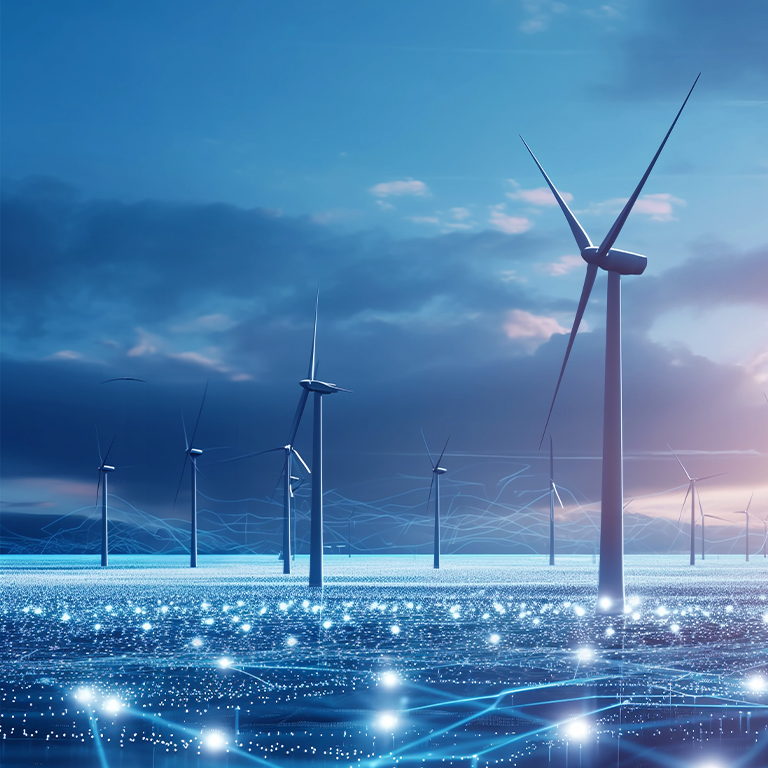 Advanced AI monitoring renewable wind turbines energy grids. Sustainability innovation concept