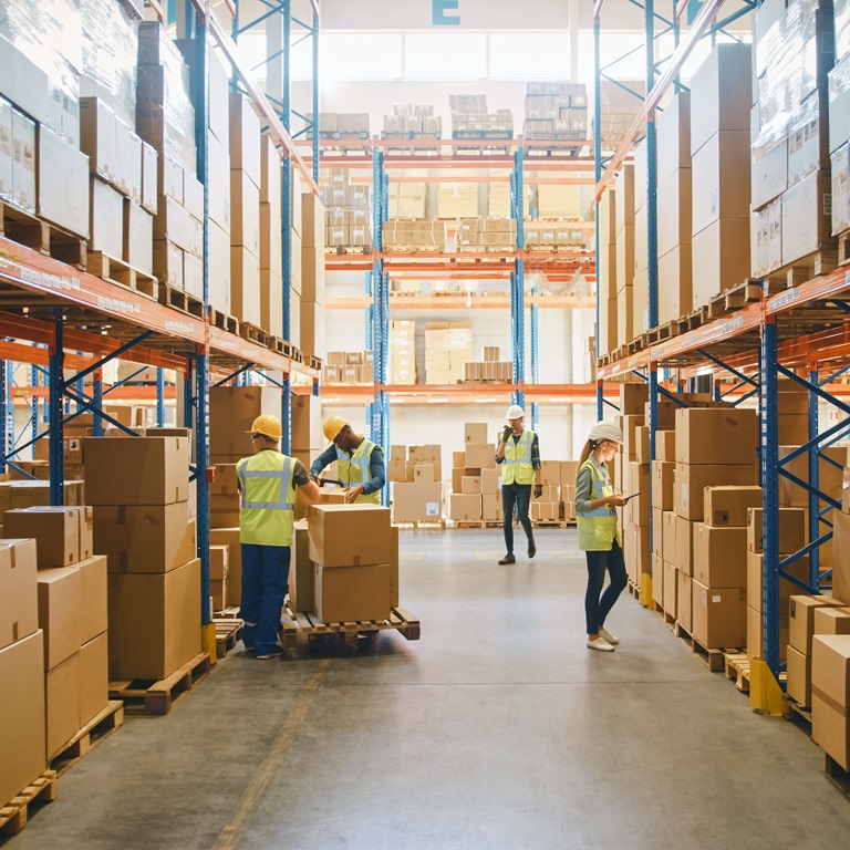 Retail Warehouse full of Shelves with Goods in Cardboard Boxes, Workers Scan and Sort Packages, Move Inventory with Pallet Trucks and Forklifts. Product Distribution Delivery Center.